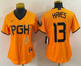 Womens Pittsburgh Pirates #13 KeBryan Hayes Yellow 2023 City Connect Stitched Jersey1